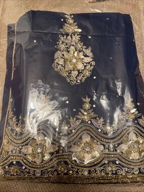Embroidered Navy Blue Women's Dress with Gold Floral Accents
